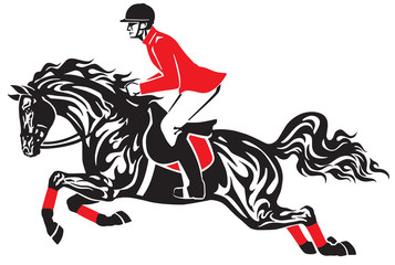 Fototapeta na wymiar Horse show jumping . Equestrian sport competition . Horseman rider controls a horse jumping over an obstacle . Black and red side view vector illustration