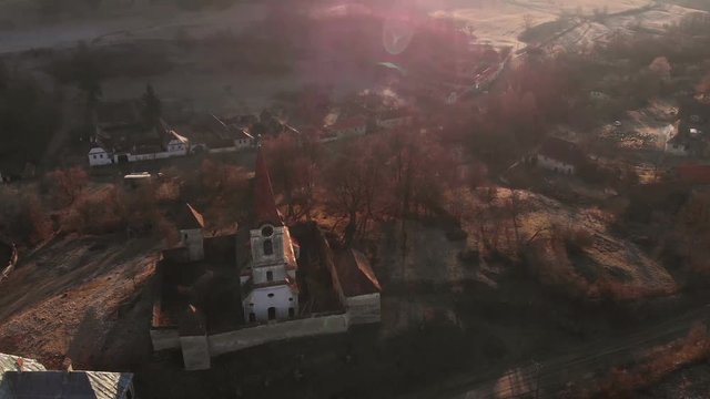 Aerial view of Gherdeal village in Romania. Fortified church in Transylvania