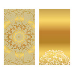 Invitation Or Card Template With Floral Mandala Pattern. For Wedding, Greeting Cards, Birthday Invitation. The Front And Rear Side. Vector Illustration. Gold color
