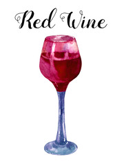 Glass of red wine. Watercolor hand draw painted.