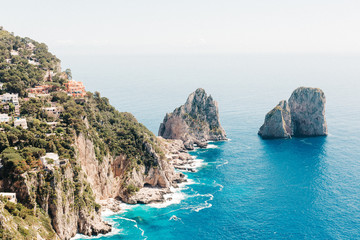 Capri coast view. Beautiful island beach with rocks
