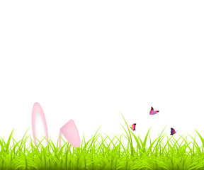 Easter Background. Green grass and Easter egg, and bunny, butterfly. Easter bunny ears in the grass. vector illustration