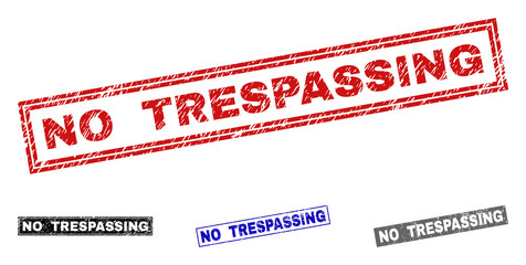 Grunge NO TRESPASSING rectangle stamp seals isolated on a white background. Rectangular seals with grunge texture in red, blue, black and grey colors. - obrazy, fototapety, plakaty