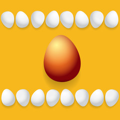 Happy easter greeting card with colorful golden egg and white eggs isolated on orange background. Vector Happy easter creative concept illustration