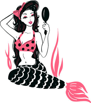 Pin up black hair mermaid with mirror and bow