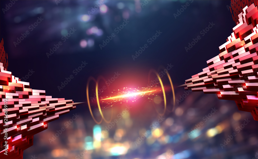 Aufkleber global information network over an abstract night city. blockchain technology. 3d illustration of in