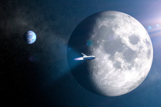 Spaceship concept flying around the moon- futuristic space travel - 3D rendering - Elements of this image furnished by NASA