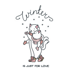 Winter is just for love. Cute cat couple in love on a walk in winter. Doodle illustration isolated on white background. Vector 8 EPS.