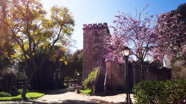 Fake Ruins in the Evora Public Park in Portugal built in the 1860s using materials from the ruins of several other local monuments mostly remains of twinned windows in Manueline and Mudejar styles