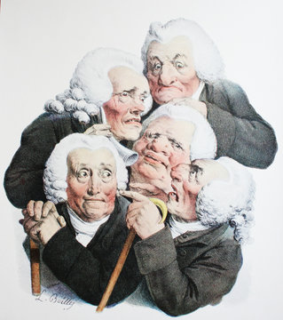 Illustration of doctors, who are discussing about the diagnosis of patient in a vintage book Karikatur in Medizin, E. Hollander, 1886