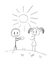 Children's sketch, hand draw young boy and girl with heart. For print on T-shirts.  illustration.