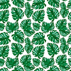Watercolor seamless pattern with tropical leaves. Bright print with exotic plants.