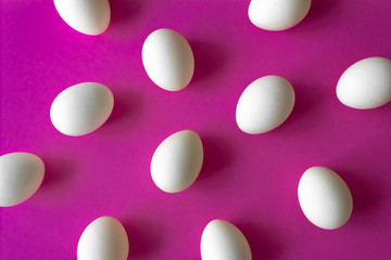 Pattern Greeting card with easter eggs white shiny dye style isolated on purple background. handmade Flat lay with copy space