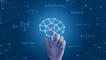 Hand touch network brain concept, surrounded with math formulas and network threads.