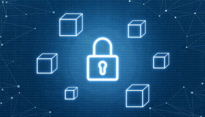 Blockchain security concept. Padlock surrounded with empty blocks. Network thread beside. Binary code in background.