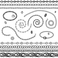 Set - women's fashion. Bracelets, beads, chains, pendants, ring, beads. Contour, black and white. Chains are endless, seamless pattern brushes. Vector.