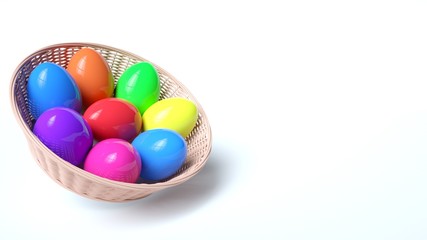 Colorful Easter Eggs In The  Basket Isolated On The White Background. Happy Easter Concept - 3D Illustration
