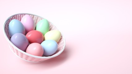 Fototapeta na wymiar Colorful Easter Eggs In The Pink Basket Isolated On The Pink Background. Happy Easter Concept - 3D Illustration