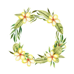 Watercolor tropical plants and flowers frame border, wreath, hand painted on a white background