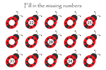 Game with ladybugs for children, fill in the missing numbers, middle level, education game for kids, school worksheet activity, task for the development of logical thinking, vector illustration