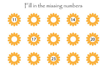 Game with flowers for children, fill in the missing numbers, middle level, education game for kids, school worksheet activity, task for the development of logical thinking, vector illustration - 256863128