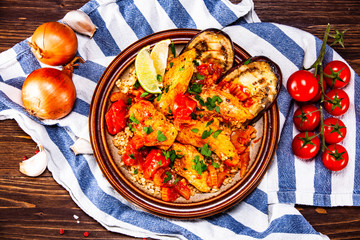 Roasted meat, groats and vegetables