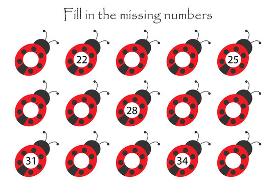 Game with ladybugs for children, fill in the missing numbers, middle level, education game for kids, school worksheet activity, task for the development of logical thinking, vector illustration