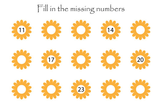 Game with flowers for children, fill in the missing numbers, middle level, education game for kids, school worksheet activity, task for the development of logical thinking, vector illustration