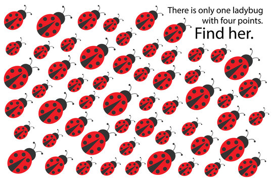 Find ladybug with 4 spots, spring fun education puzzle game for children, preschool worksheet activity for kids, task for the development of logical thinking and mind, vector illustration