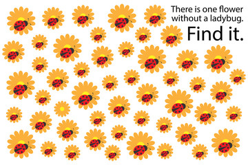Find flower without ladybug, spring fun education puzzle game for children, preschool worksheet activity for kids, task for the development of logical thinking and mind, vector illustration