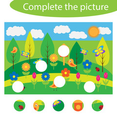 Complete the puzzle and find the missing parts of the picture, spring fun education game for children, preschool worksheet activity for kids, task for the development of logical thinking, vector