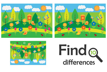 Find 10 differences, game for children, spring cartoon, education game for kids, preschool worksheet activity, task for the development of logical thinking, vector illustration - 256863589