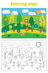 Fototapeta premium Spring picture with flowers in cartoon style, summer coloring page, education paper game for the development of children, kids preschool activity, printable worksheet, vector illustration