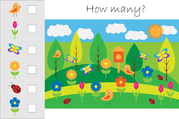 How many counting game with spring picture for kids, educational maths task for the development of logical thinking, preschool worksheet activity, count and write the result, vector illustration