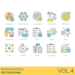 Bioengineering icons including radiation symbol, reproduction process, bacteria, virus, chemistry experiment, petri dish analysis, protective wear, perpetual motion, GMO test, corrosive, molecular.
