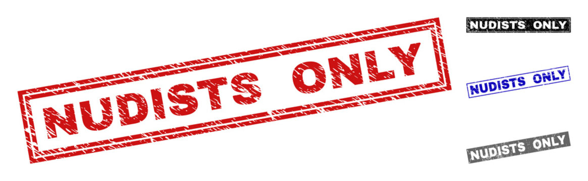 Grunge NUDISTS ONLY rectangle stamp seals isolated on a white background. Rectangular seals with grunge texture in red, blue, black and gray colors.