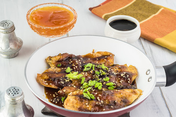 Roasted chickin breast with apricot jam soy sauce.