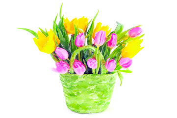 Watercolor illustration of Tulip  bunch in a basket.