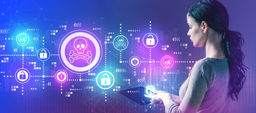 Virus and scam theme with business woman using a tablet computer