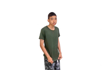 Fototapeta premium Messy Asian man in olive green t-shirt Concept of poor and problem.