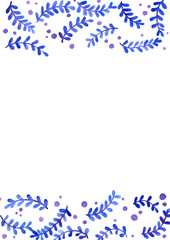 Abstract blue fern leaves watercolor hand painting border on white background.