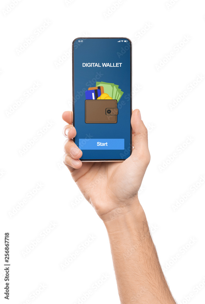 Aufkleber man holding smartphone with digital wallet application