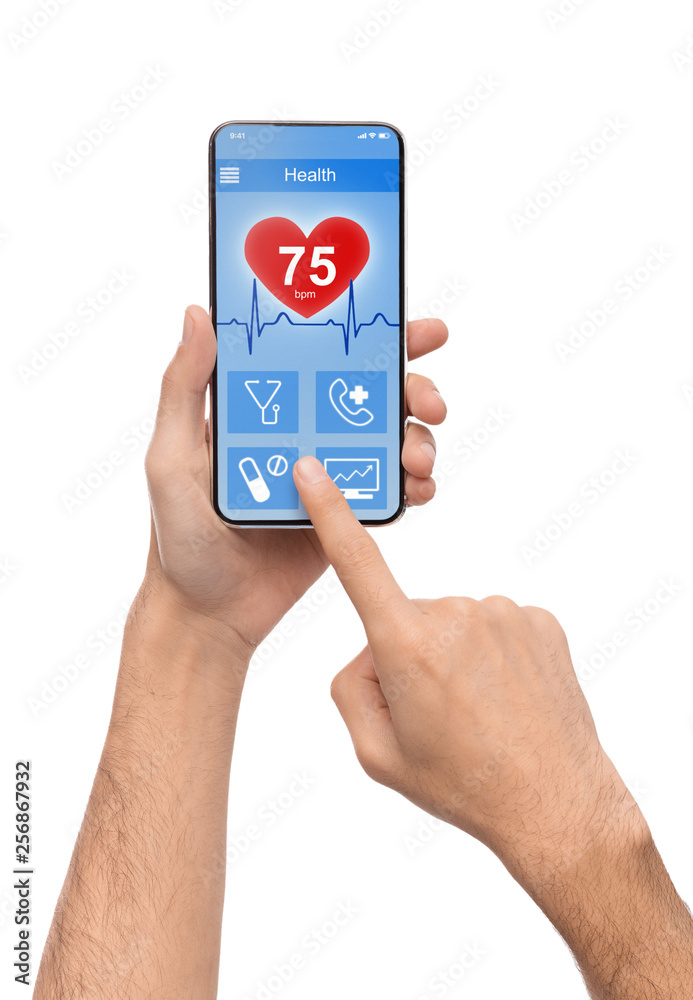 Aufkleber Man using smartphone app to check health data