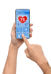 Man using smartphone app to check health data