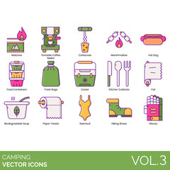 Camping icons including matches, portable coffee maker, corkscrew, marshmallow, hot dog, food container, trash bag, cooler, kitchen cutleries, foil, biodegradable soup, paper towel, swimsuit, hiking.