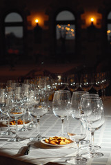 Empty glasses on the table. Wine tasting glasses in the restaurant.