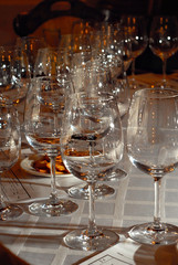 Empty glasses on the table. Wine tasting glasses in the restaurant.
