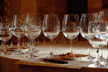 Empty glasses on the table. Wine tasting glasses in the restaurant.
