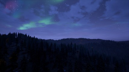 Landscape - View of a forest with mountains in the background at evening