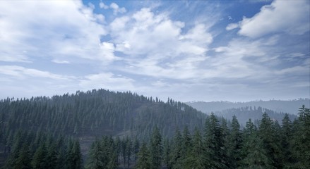 Landscape - View of a forest with clouds and haze at day